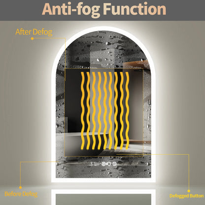 60x90CM Vertical Arch-Shape LED Bathroom Mirror Backlit Frameless Lighted Antifog Mirror Time Temperature Display