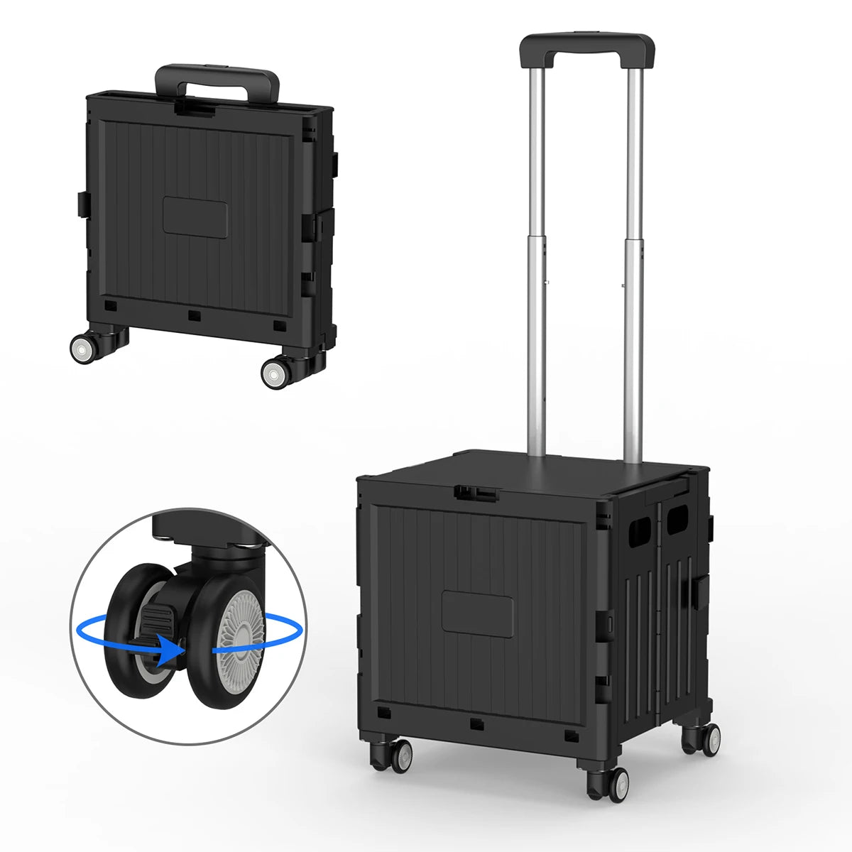 Foldable Utility Cart Mobile Folding Cart with Lid 360°Rotate Large Capacity Portable Shopping Hand Trolley for Travel Camping