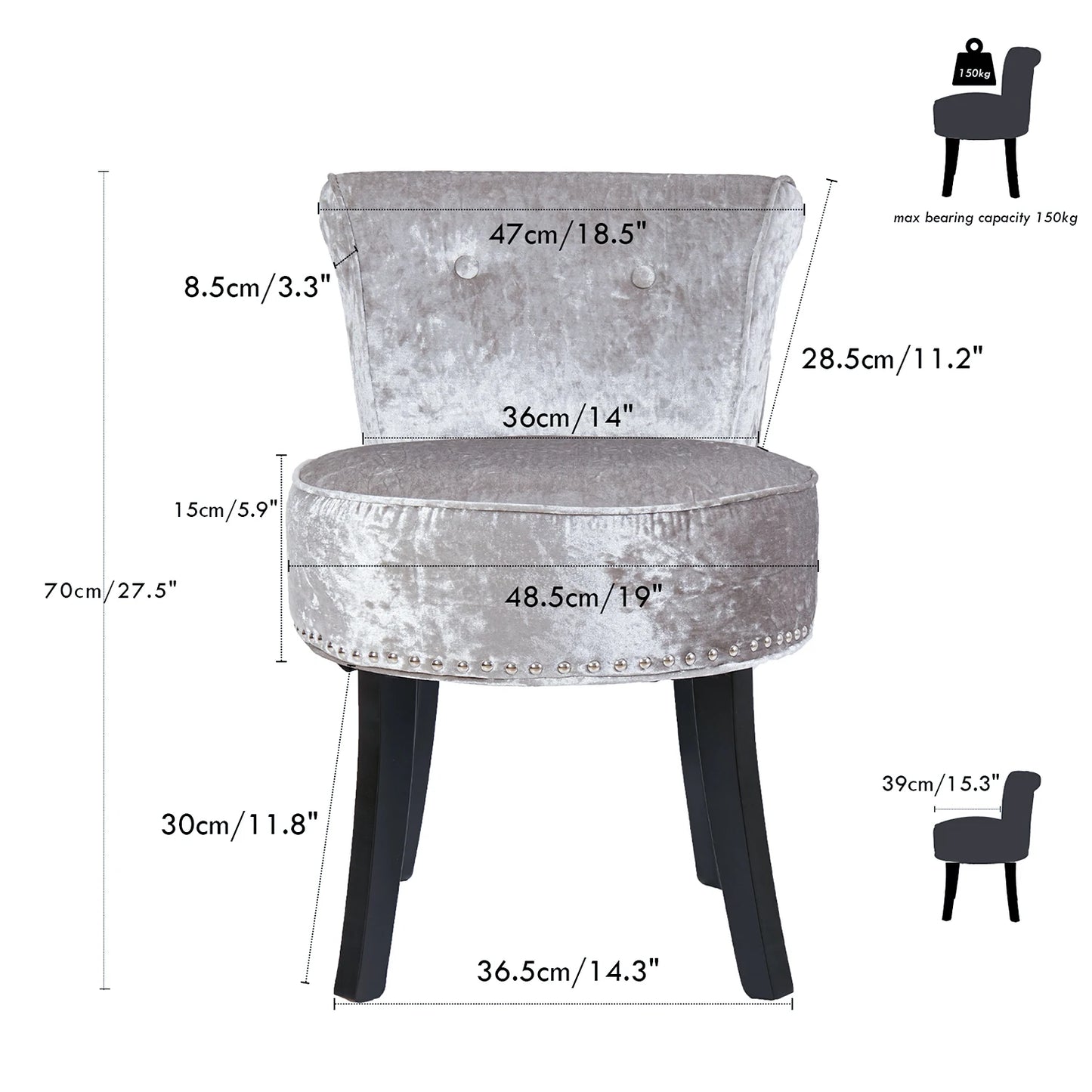 Crushed Velvet Vanity Stool, Dressing Table Chair, Bedroom Makeup Chair with Backrest, 2 Colors