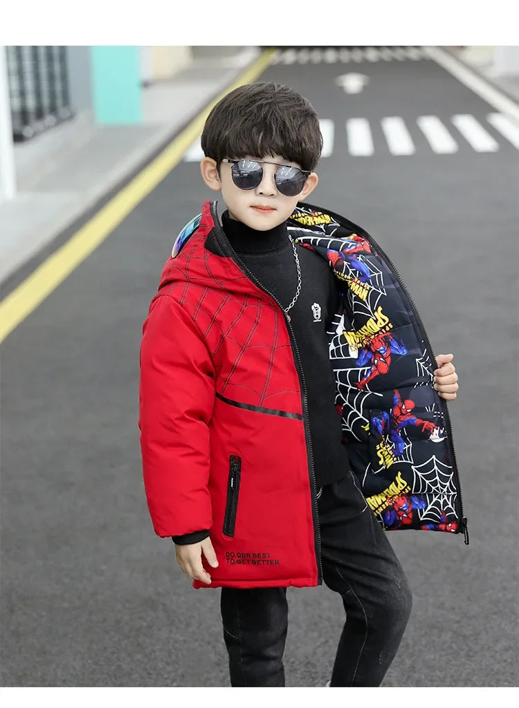 Boys Spiderman Winter Jacket - Thick Warm Hooded Down Parka Coat for Kids