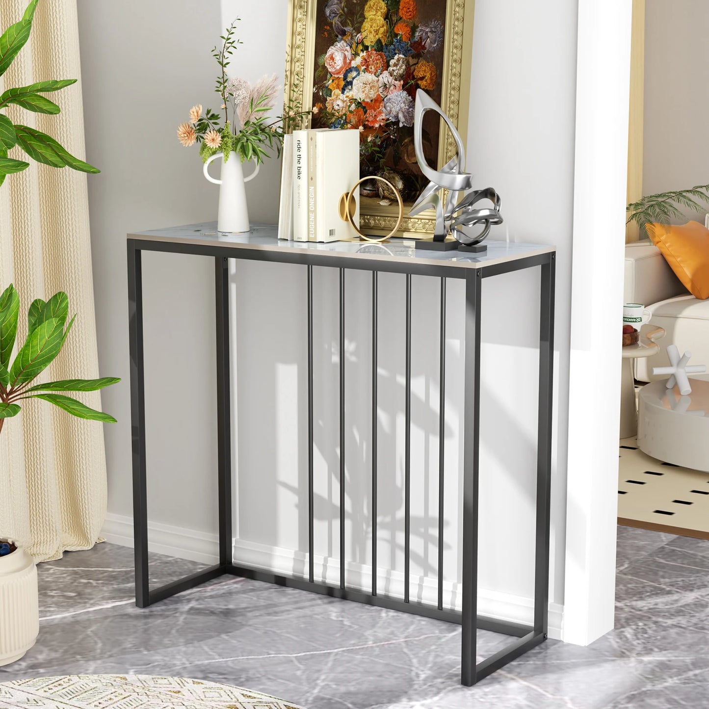 80CM Long Rectangle Marble Console Table for Living Room Entryway Accent Table Metal Frame
