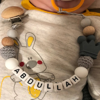 NEW Custom Personalized Name Pacifier Clip Handmade Beech Wooden Chain Silicone Crown Holder Soother Baby Teething Toy Chew Gift