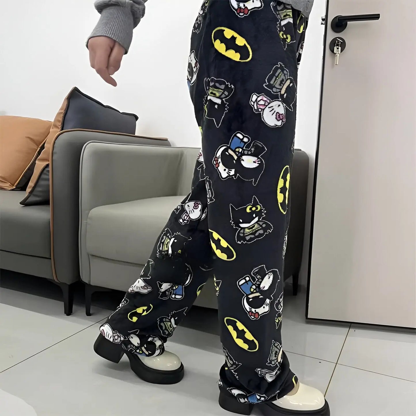 Sanrio Y2k Autumn Hellokitty Batman Pajama Pants Cartoon Hip Hop Ladies Warm Casual Plush Flannel Cute Pants Clothing Xmas Gift