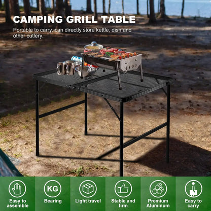 Grill Table For Outside,Lightweight Aluminum Folding Portable Metal Mesh Outdoor Grill Table For Camping Cooking BBQ RV Picnic