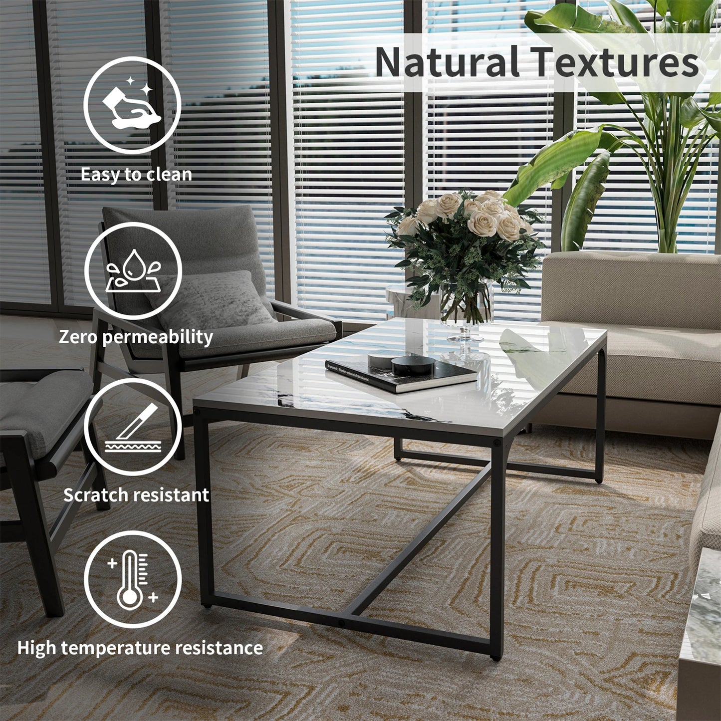 Rechteckiger Couchtisch mit Tuschemalerei-Textur, moderner Chic, Beistelltisch neben dem Sofa, Tischplatte aus Sinterstein, Aluminiumgestell