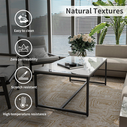 Rechteckiger Couchtisch mit Tuschemalerei-Textur, moderner Chic, Beistelltisch neben dem Sofa, Tischplatte aus Sinterstein, Aluminiumgestell