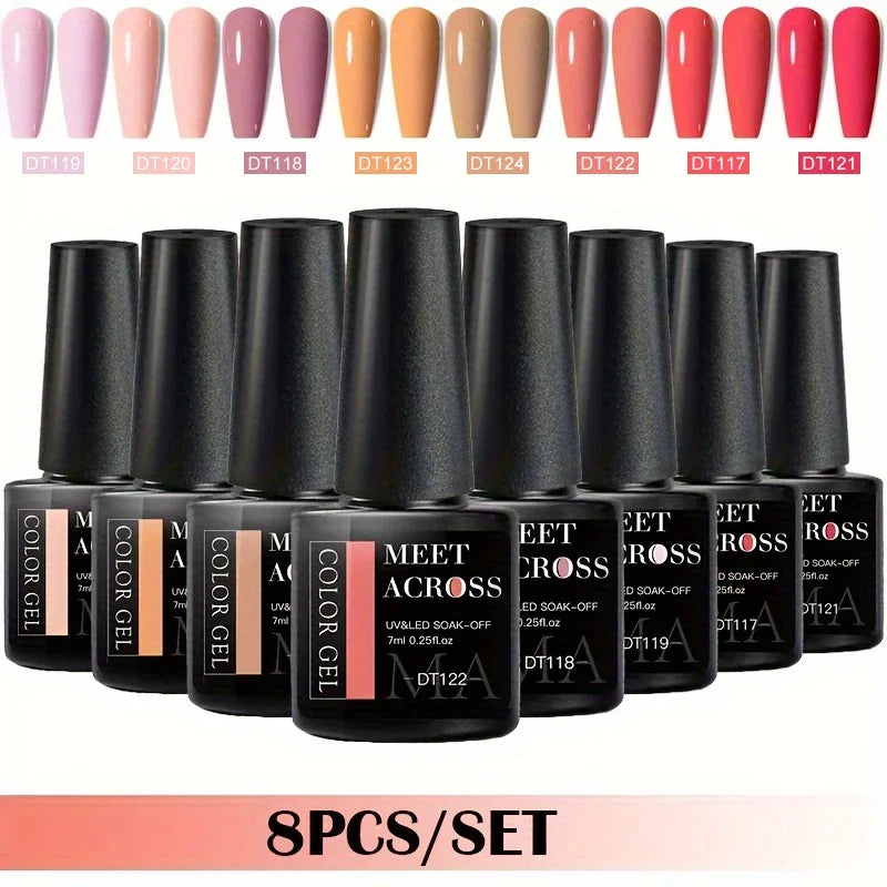 MEET ACROSS 8-teiliges Gel-Nagellack-Set für alle Jahreszeiten, Neon-Marcaron-Grün-Rot-Serie, UV-Gel-Lack-Maniküre-Set, Nagelzubehör