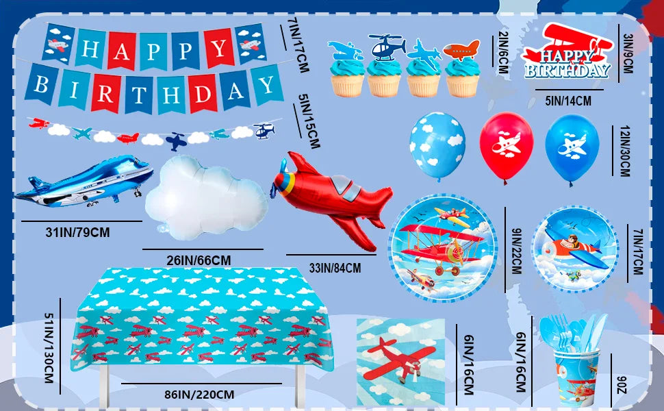 Airplane Birthday Party Decorations,167pcs decorations&Airplane Party Tableware set-Airplane Plates Napkins Cups TableCloth etc