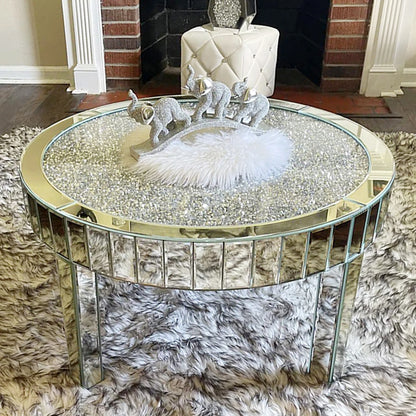 FATIVO Large Round Mirrored Coffee Table Beveled Bling Crushed Diamond End Table