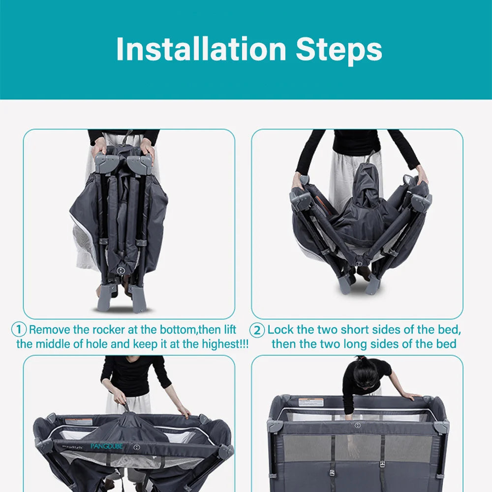 PANGDUBE 4-in-1 Baby Crib Multifunctional Convertible Bed with Rocker & Baby Playpen Newborn Changing Table Foldable Travel Cot