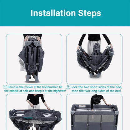 PANGDUBE 4-in-1 Baby Crib Multifunctional Convertible Bed with Rocker & Baby Playpen Newborn Changing Table Foldable Travel Cot