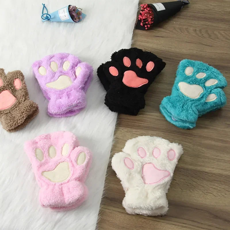 Kids Cat Paw Gloves - Kawaii Half-Finger Mittens for Children