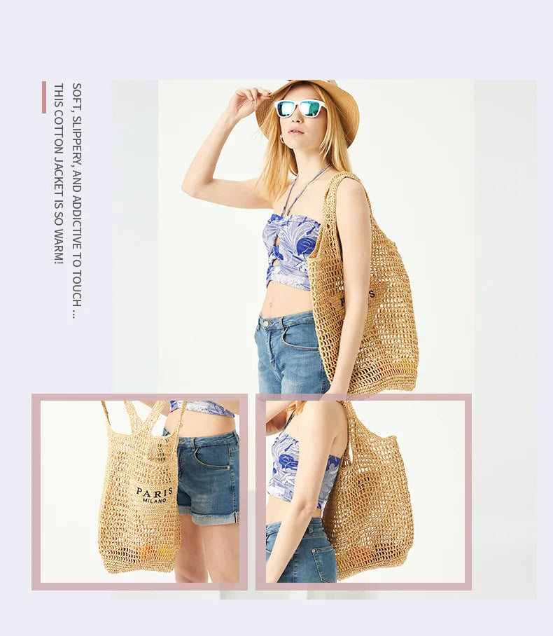 Casual Hollow Straw Women Shoulder Bags Designer Letters Handbags Paper Woven Large Tote Bag Handmade Summer Beach Purses 2024