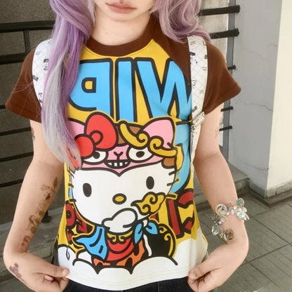 Sanrio Hello Kitty New Anime Fashion Short Tops Y2k Summer Cute Tees Cartoon Printed High Street Gothic Short Sleeve T-shirts