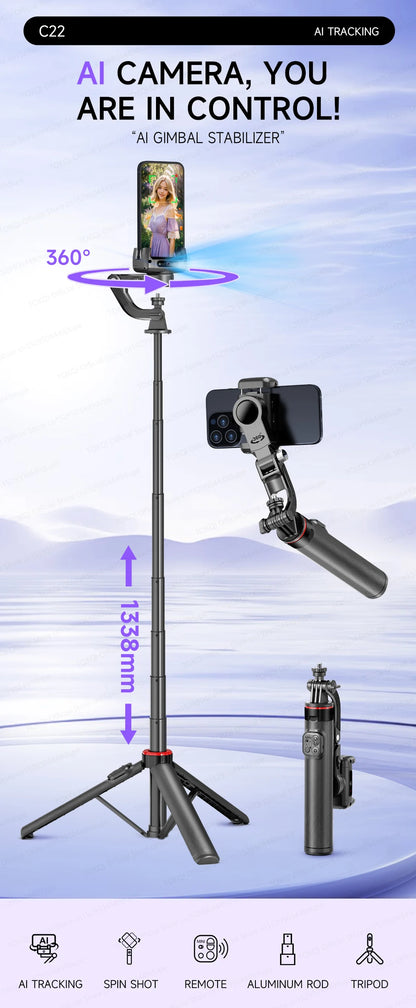 C22 AI Face Tracking Handheld Gimbal Stabiliser 360° Rotation Shoot Selfie Stick Tripod for Mobile Phone, 1/4'' Screw for Camera