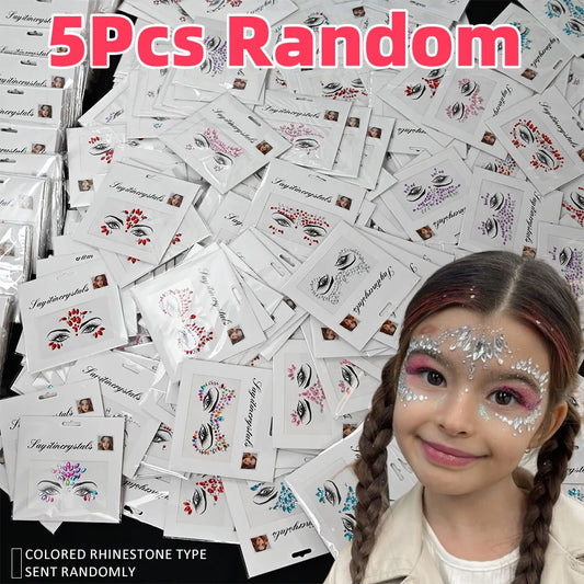 5Pcs 3D Random Face Diamond Tattoos Stickers Colorful Glitter Crystal Gem Sticker for Party Makeup Body Jewel Tattoo Decorations
