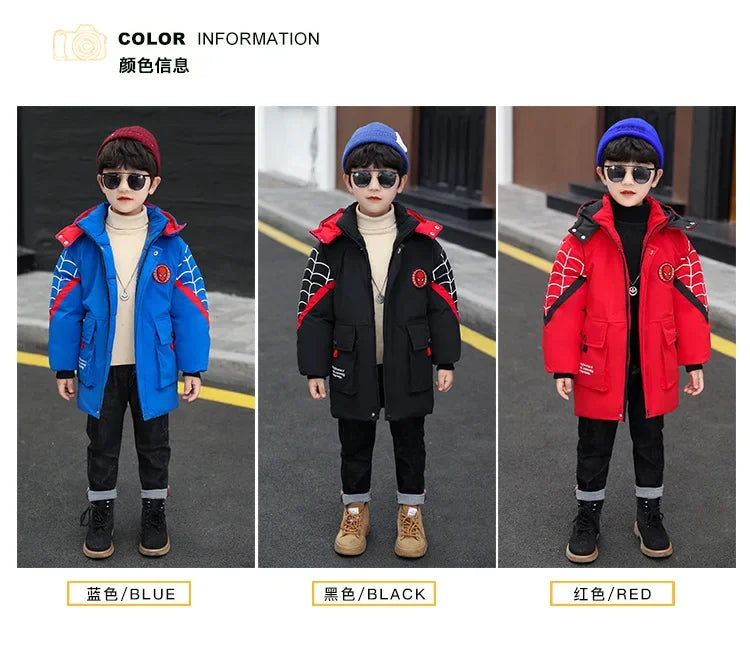 Boys Spiderman Winter Jacket - Thick Warm Hooded Down Parka Coat for Kids
