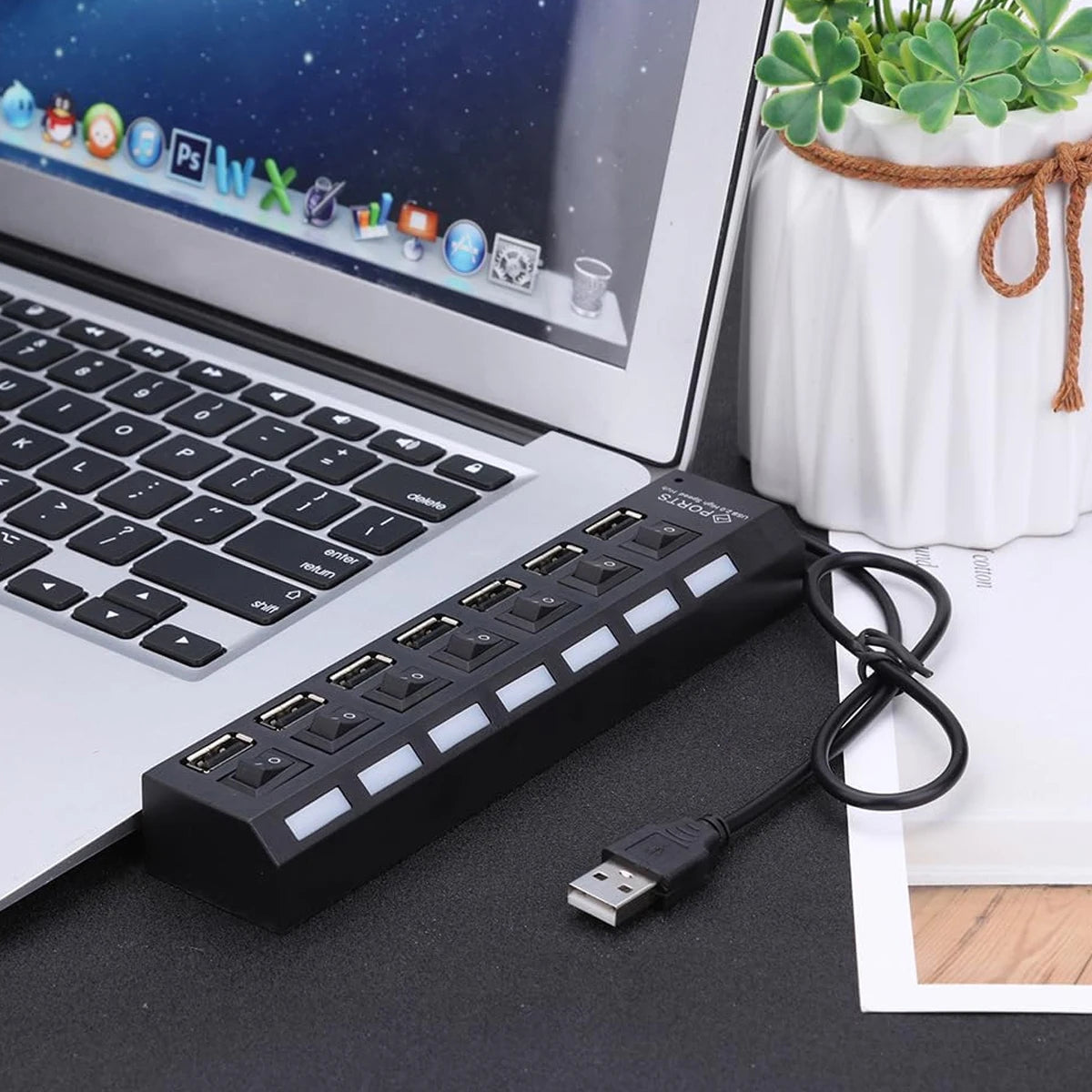 Hochgeschwindigkeits-USB-2.0-Hub mit 7 Ports, Adapter, Multi-USB-Splitter und Mehrfach-Extender mit LED-Lampenschalter für PC und Laptop
