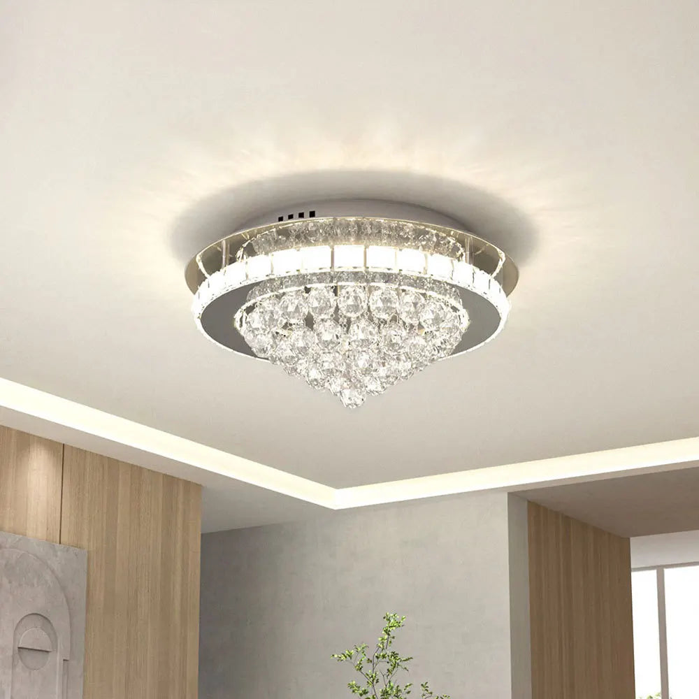 KOMORE Round Crystal-droplets LED Semi Flush Mount Ceiling Light, 36 W Polished Chrome Cool White / Stepless Dimming
