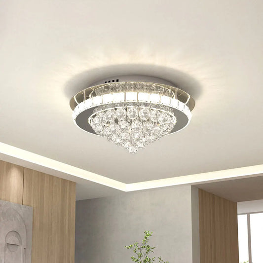 KOMORE Round Crystal-droplets LED Semi Flush Mount Ceiling Light, 36 W Polished Chrome Cool White / Stepless Dimming