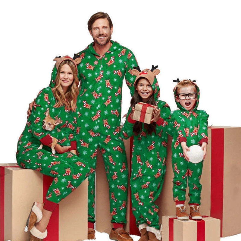 Christmas Family Matching Onesie - Elk Print Hooded Jumpsuit Pyjamas for Mom Dad Kids