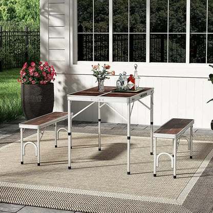 Outdoor Adjustable Picnic Table with Two Benches Parasol Hole Camping Table Foldable