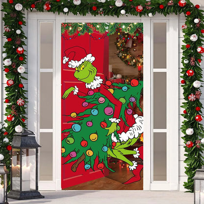 Christmas door banner, Christmas door hanging, Christmas decoration outdoor, Christmas background door hanging (green Grinch)