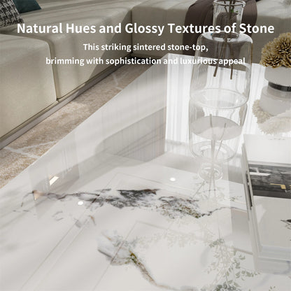 Rechteckiger Couchtisch mit Tuschemalerei-Textur, moderner Chic, Beistelltisch neben dem Sofa, Tischplatte aus Sinterstein, Aluminiumgestell