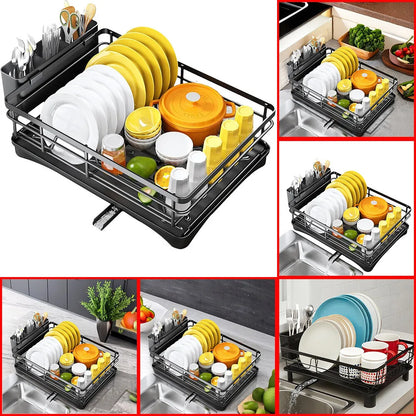 UK Large Kitchen Sink Dish Drainer Rack With Drip Tray And Plate Cutlery Holde