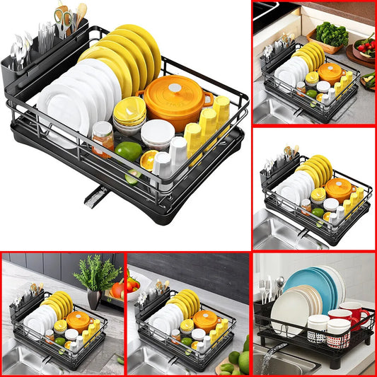 UK Large Kitchen Sink Dish Drainer Rack With Drip Tray And Plate Cutlery Holde