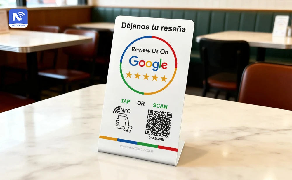 Spanish English QR code NFC Standing Sign Google review NFC215 Review Stand Click URL Unlimited Modification Editing QR Codes