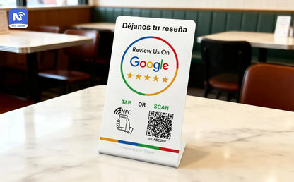 Spanish English QR code NFC Standing Sign Google review NFC215 Review Stand Click URL Unlimited Modification Editing QR Codes