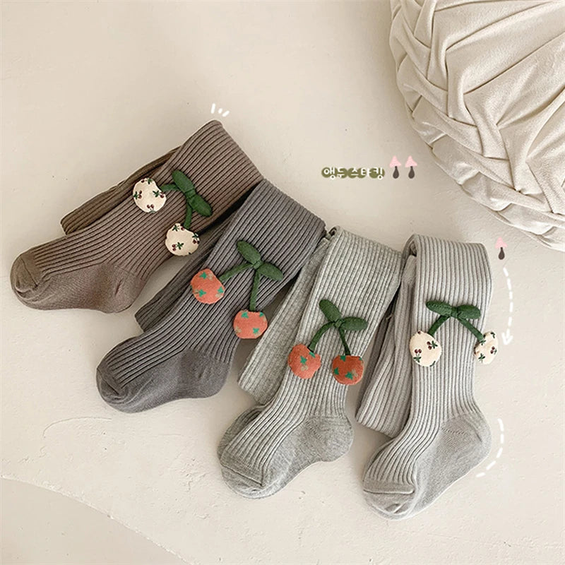 Girls Cotton Tights with Cherry Pattern - Soft Pantyhose for Kids Ages 2-10 Years