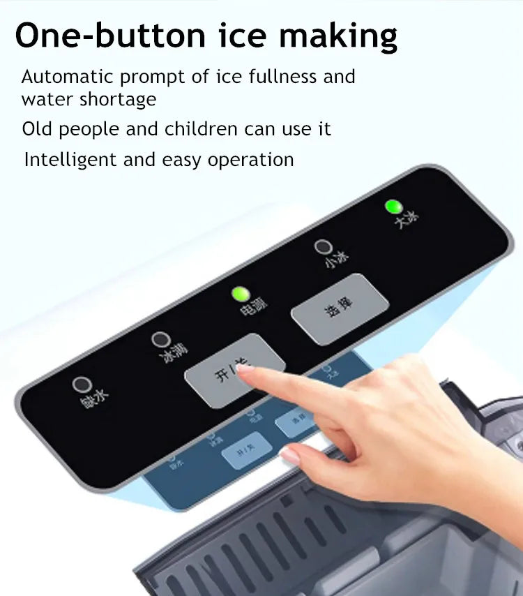Haushaltsüblicher, einfacher Eiswürfelbereiter aus Edelstahl und Kunststoff mit Ein-Knopf-Bedienung, auch für den gewerblichen Einsatz geeignet.