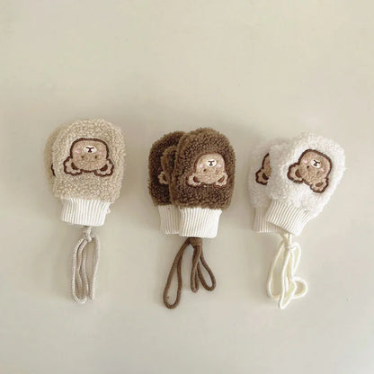 Lamb Fleece Baby Plush Mittens Cute Bear Kids Hanging Neck Glove 1-4Year Boy Girl Children Winter Full Finger Gloves Hand Warmer