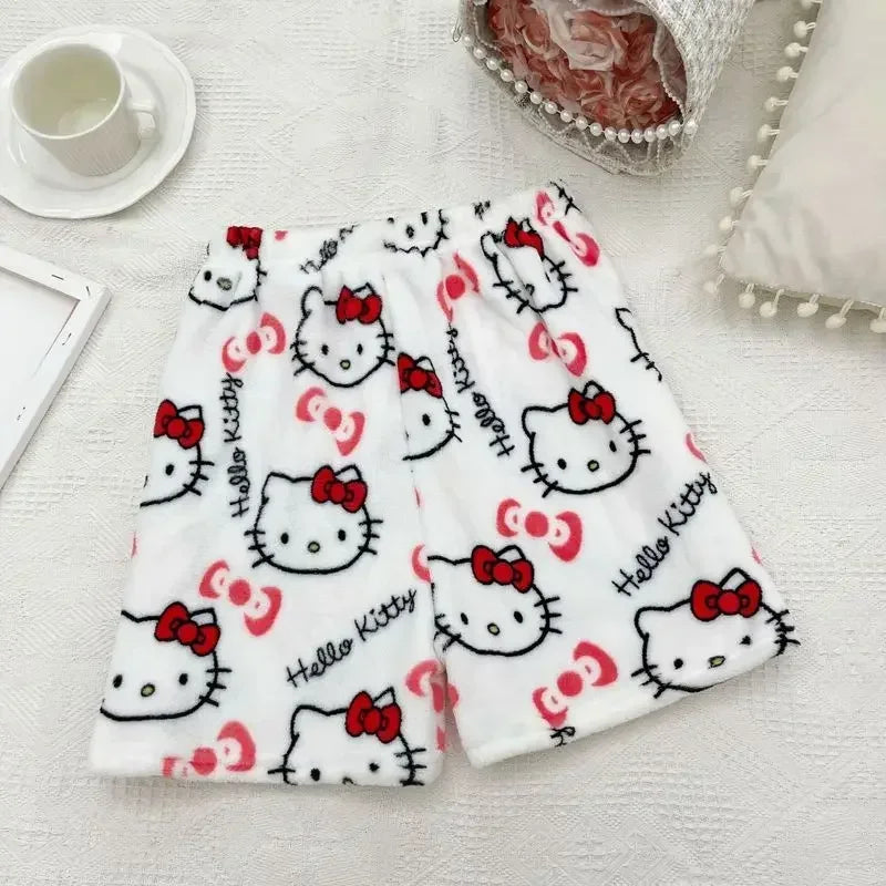 Halloween Cartoon Hello Kitty Flannel Pajamas Women's Autumn and Winter Plus Velvet Warm Casual Home Graffiti Pants