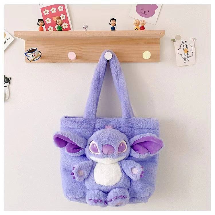 Disney 2025 New Cartoon Plush Doll Shoulder Bag Sweet and Cute Stitch Strawberry Bear Soft Cute Girls Handbag