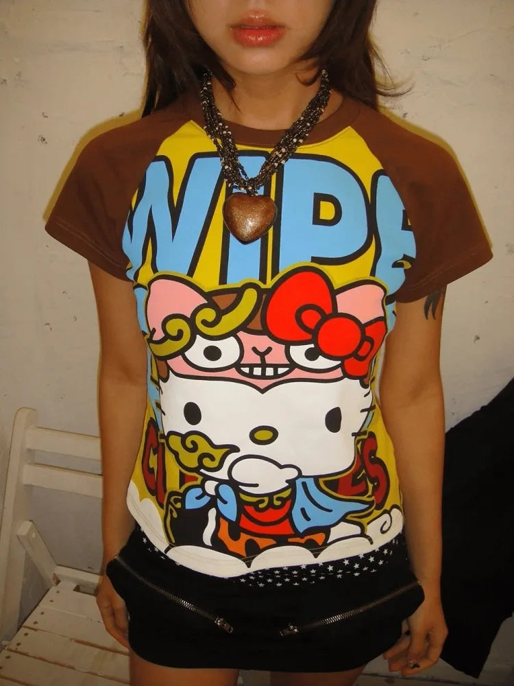 Y2K Sanrio Hello Kitty New Anime Fashion Short Tops Summer Cute Tees Cartoon Printed High Street Gothic Short Hottie T-shirts