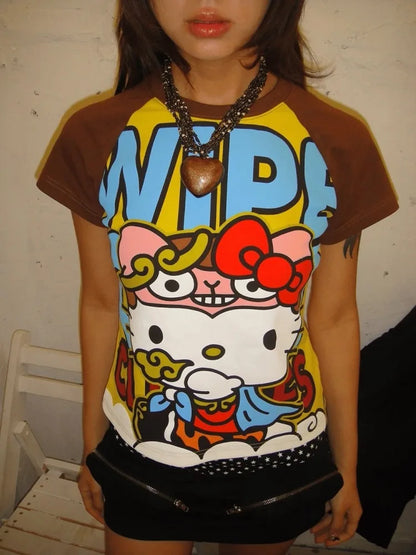 Y2K Sanrio Hello Kitty New Anime Fashion Short Tops Summer Cute Tees Cartoon Printed High Street Gothic Short Hottie T-shirts
