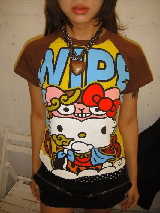 Y2K Sanrio Hello Kitty New Anime Fashion Short Tops Summer Cute Tees Cartoon Printed High Street Gothic Short Hottie T-shirts