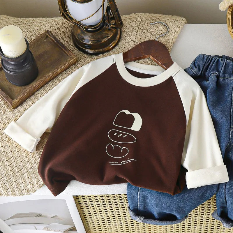 1-12Y Children's Velvet Base Shirt 2025 Spring Long Sleeved Casual Tee Baby Girls Boys Patched Color Round Neck Outerwear Tops