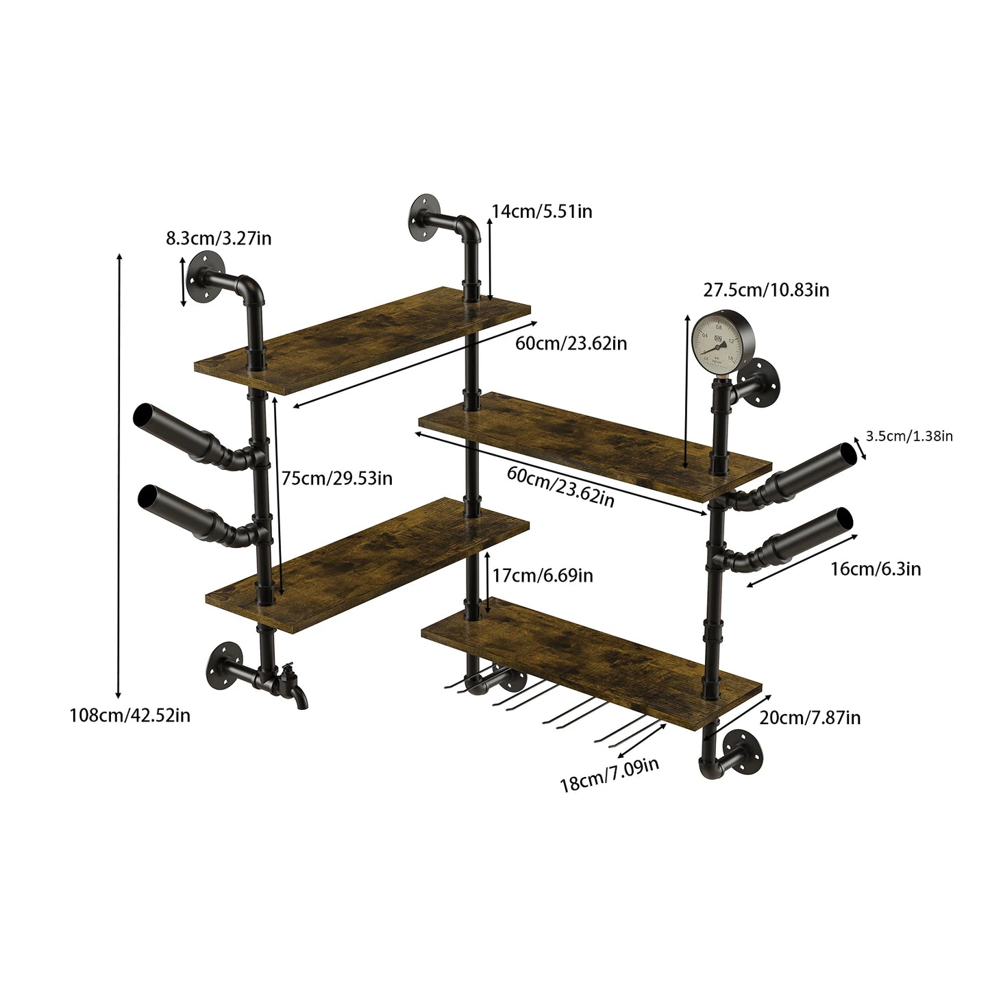 Pipe Bar Liquor Shelf, Floating Shelves with Wine Glass Holder, Wall Black Shelving Unit for Living Room and Kitchen