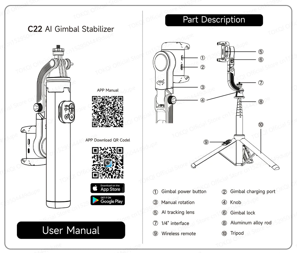 C22 AI Face Tracking Handheld Gimbal Stabiliser 360° Rotation Shoot Selfie Stick Tripod for Mobile Phone, 1/4'' Screw for Camera