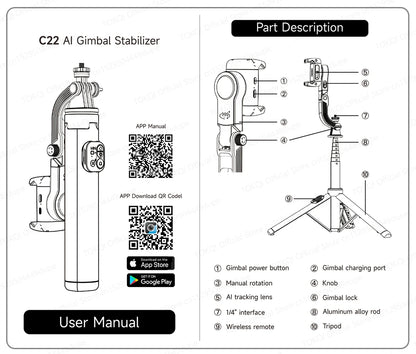 C22 AI Face Tracking Handheld Gimbal Stabiliser 360° Rotation Shoot Selfie Stick Tripod for Mobile Phone, 1/4'' Screw for Camera