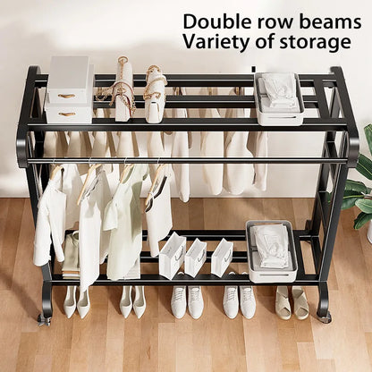 Movable Coat Rack With Universal Wheels Multifunctional Double-deck Simple Clothes Hanger Floor-Standing Bedroom Wardrobe