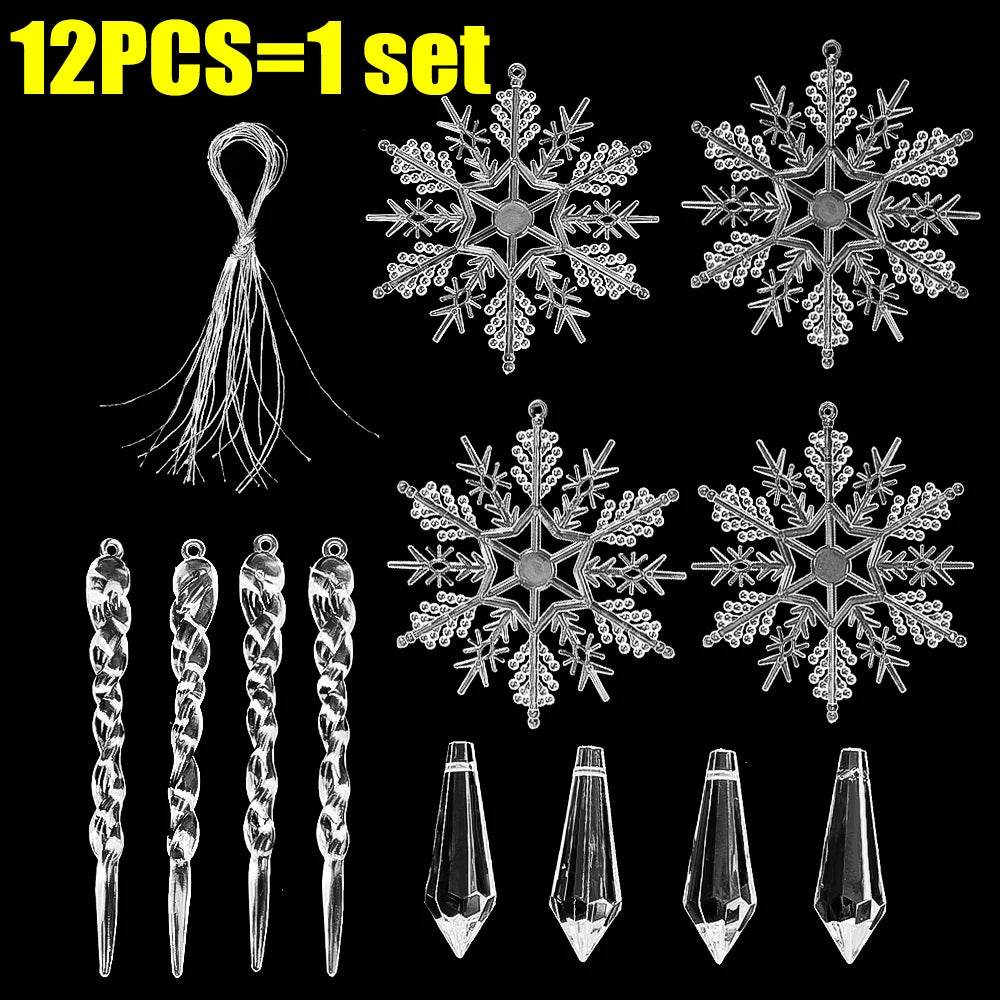 5-48Pcs Christmas Ornaments Crystal Tree Decorations Transparent Ice Strip Pendant DIY Teardrop Chandelier Xmas Wedding Beads