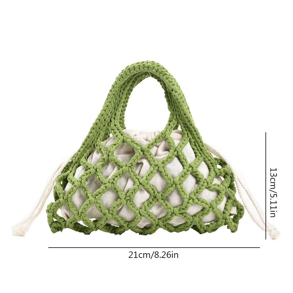 Summer Cotton Thread Woven Handbag Women Crochet Beach Bag Hollow Out Knitting Mini Top-Handle Bag Straw Mesh Boho Wristlet Bags