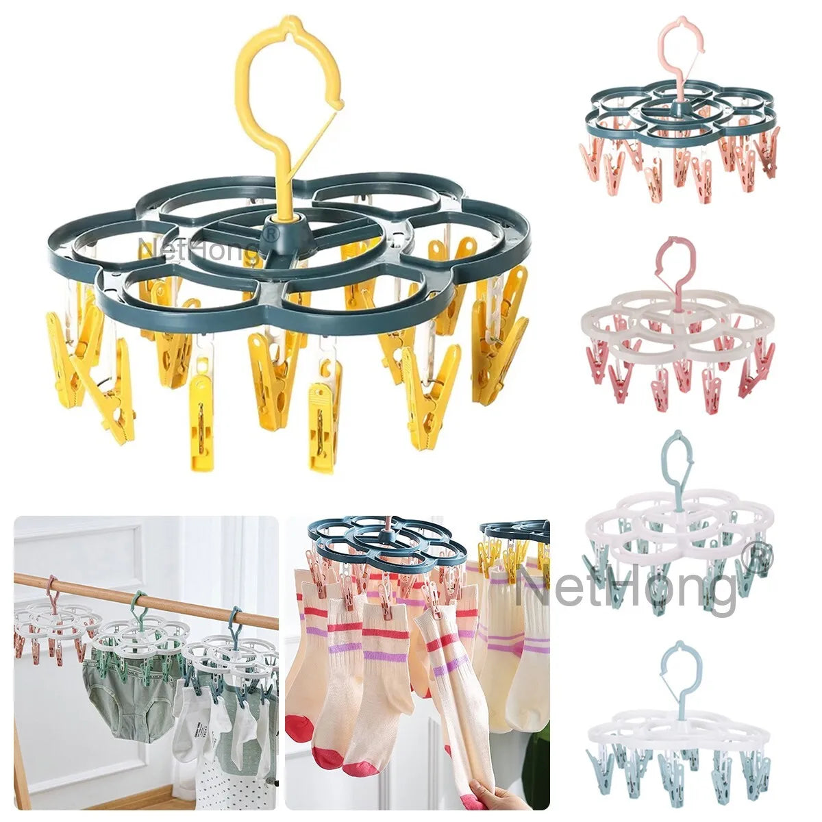 16 Pegs Thickened Laundry Clip Underwear Socks Hanger Airer Cloth Dryer Rack UK