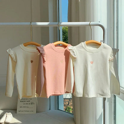 Spring Girl Children Heart Print T shirt Princess Baby Solid Ribbed Bottoming Shirt Kid Casual Cotton Tees Clothes