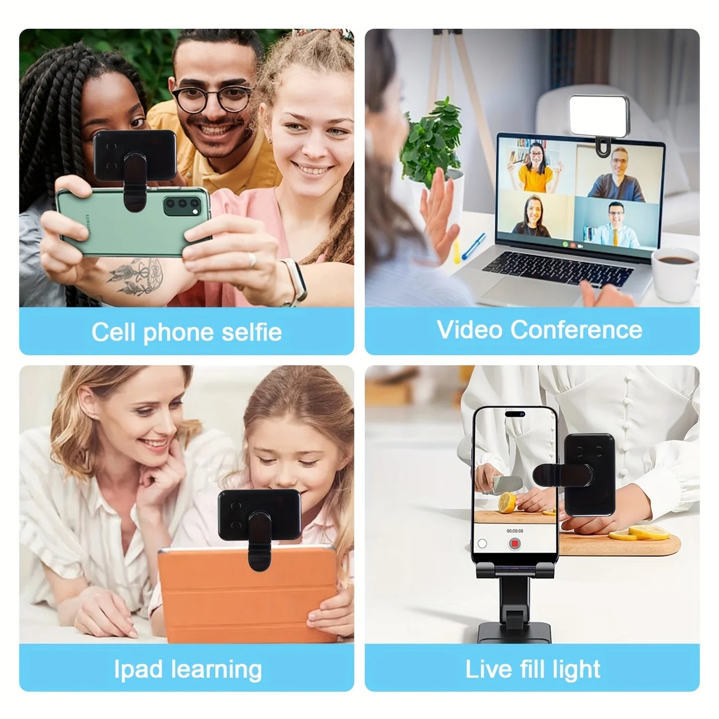 Selfie Fill Light – Mini Clip-on LED, Rechargeable, 3 Color Modes & Adjustable Brightness for Phones & Computers